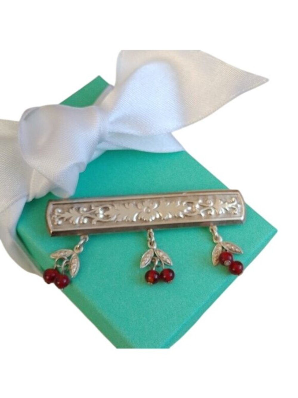 Art Deco Art Nouveau Sterling Silver 925 Red Cherries Scroll Bar Pin Brooch